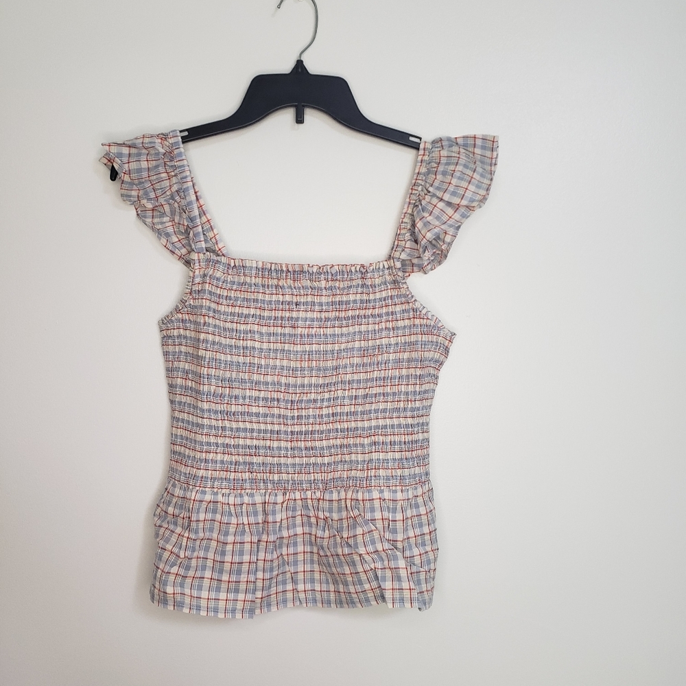 Size 10 M/L Madewell Seersucker Smocked Peplum Top in Plaid Spring Summer